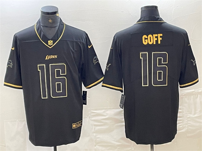 Men's Detroit Lions #16 Jared Goff Black Gold Edition Stitched Jersey